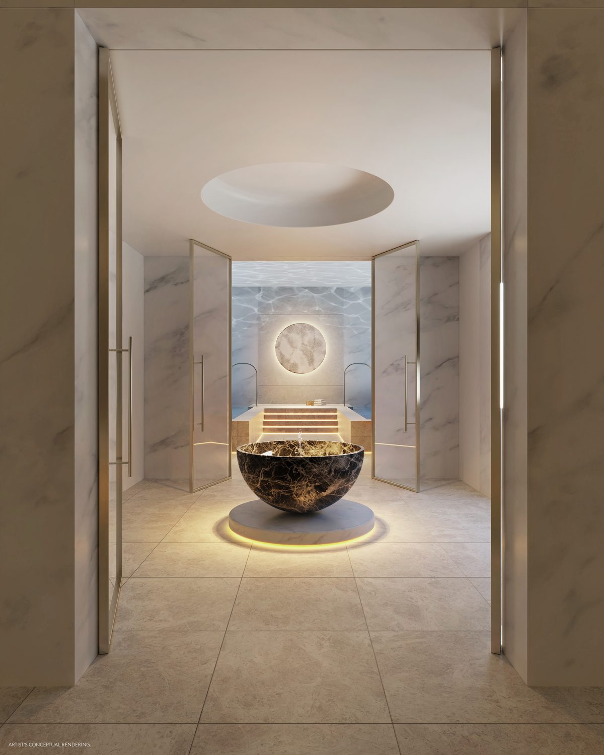 Rendering of the hammam hall in the spa, a stone basin under an oculus