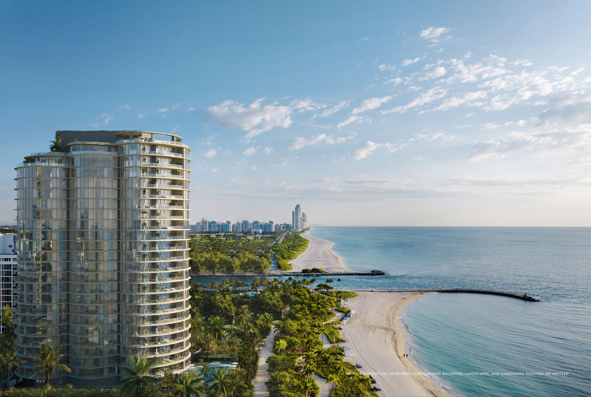 Render de Rivage Bal Harbour visto desde el agua, una torre curva de vidrio sobre su orilla privada