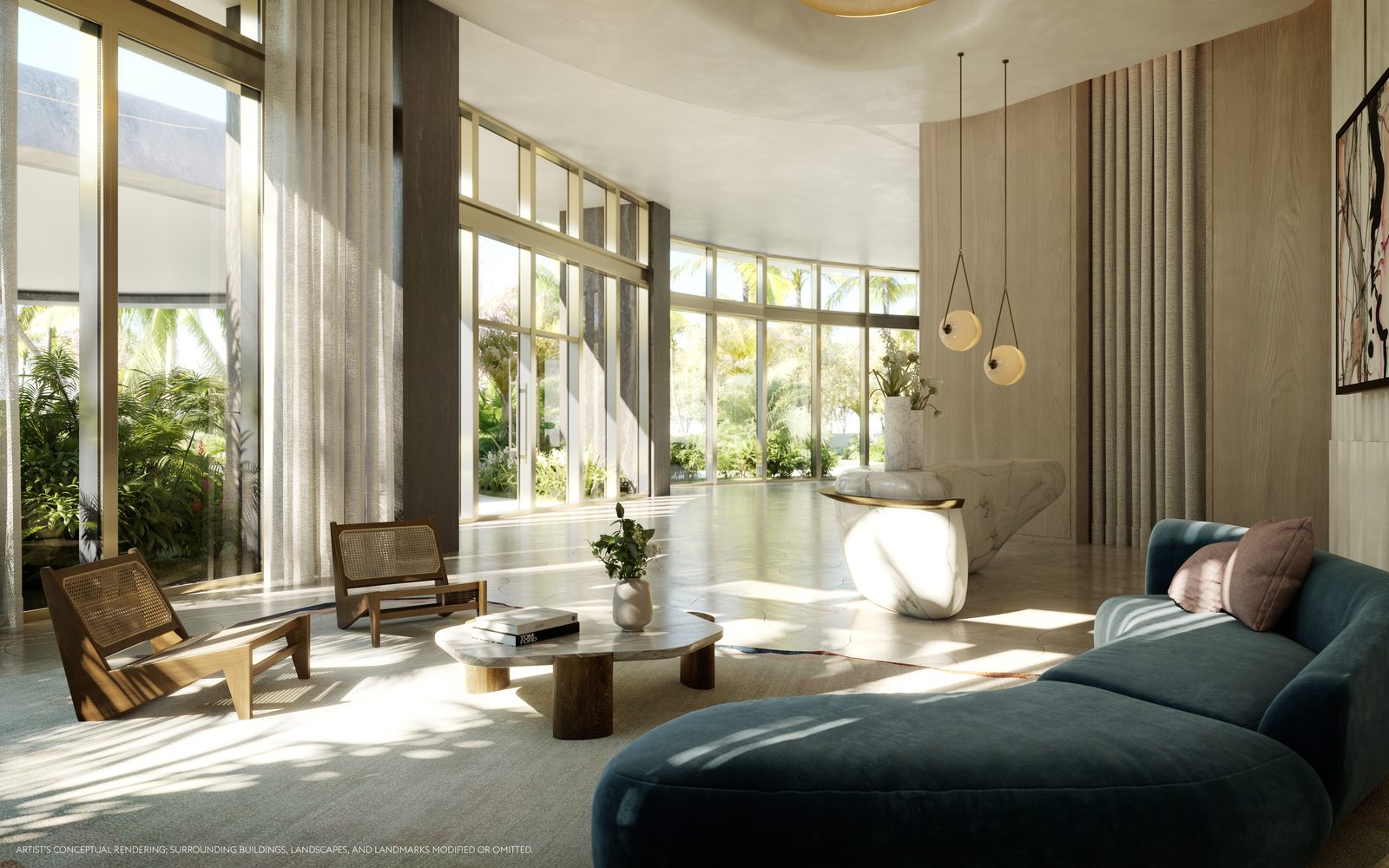 Render del vestíbulo, con muro curvo de vidrio hacia el jardín y mostrador de mármol