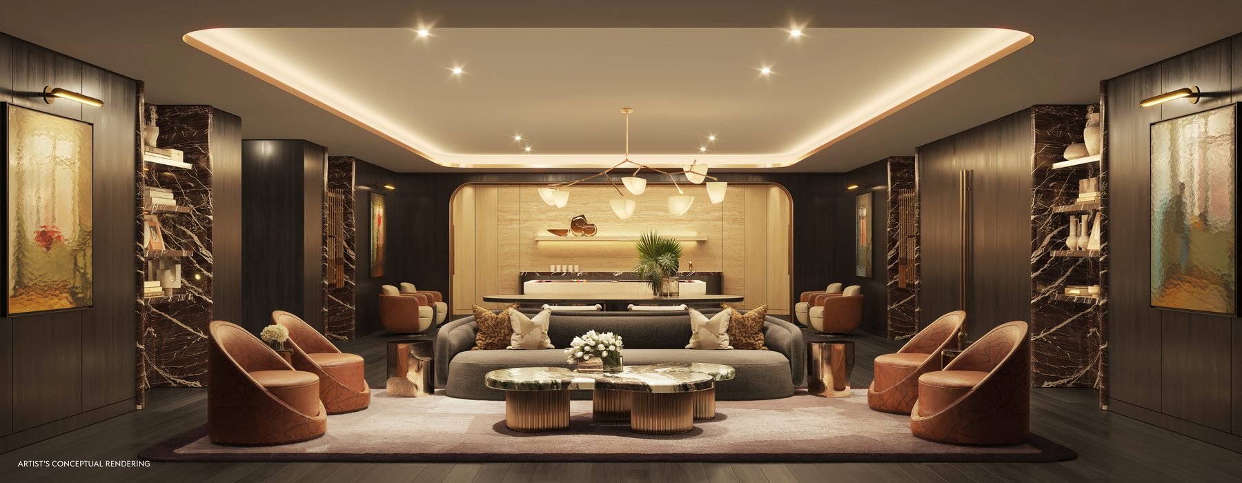 Rendering of the residents lounge with a billiards room beyond