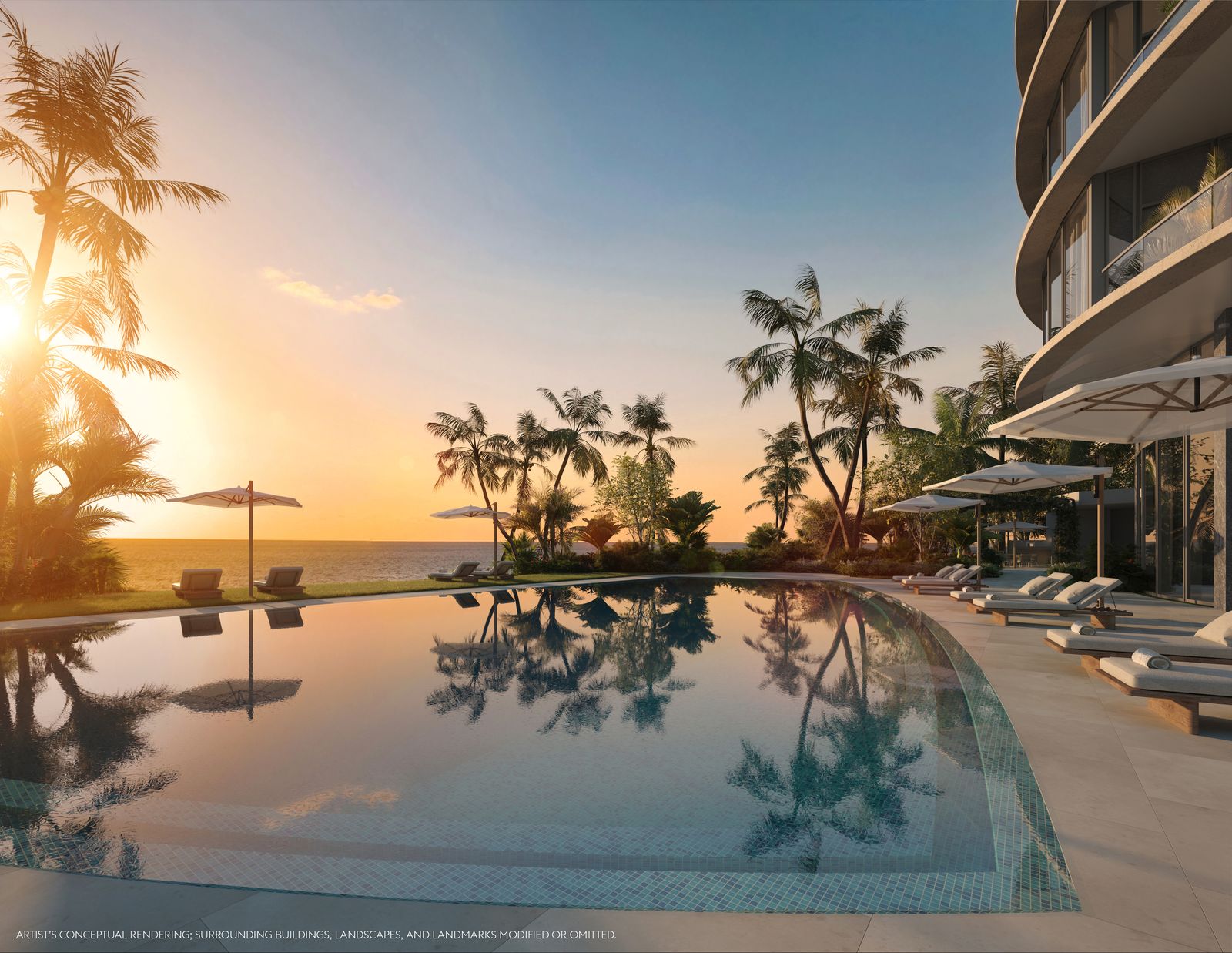 Render de la terraza de alberca frente al mar al amanecer