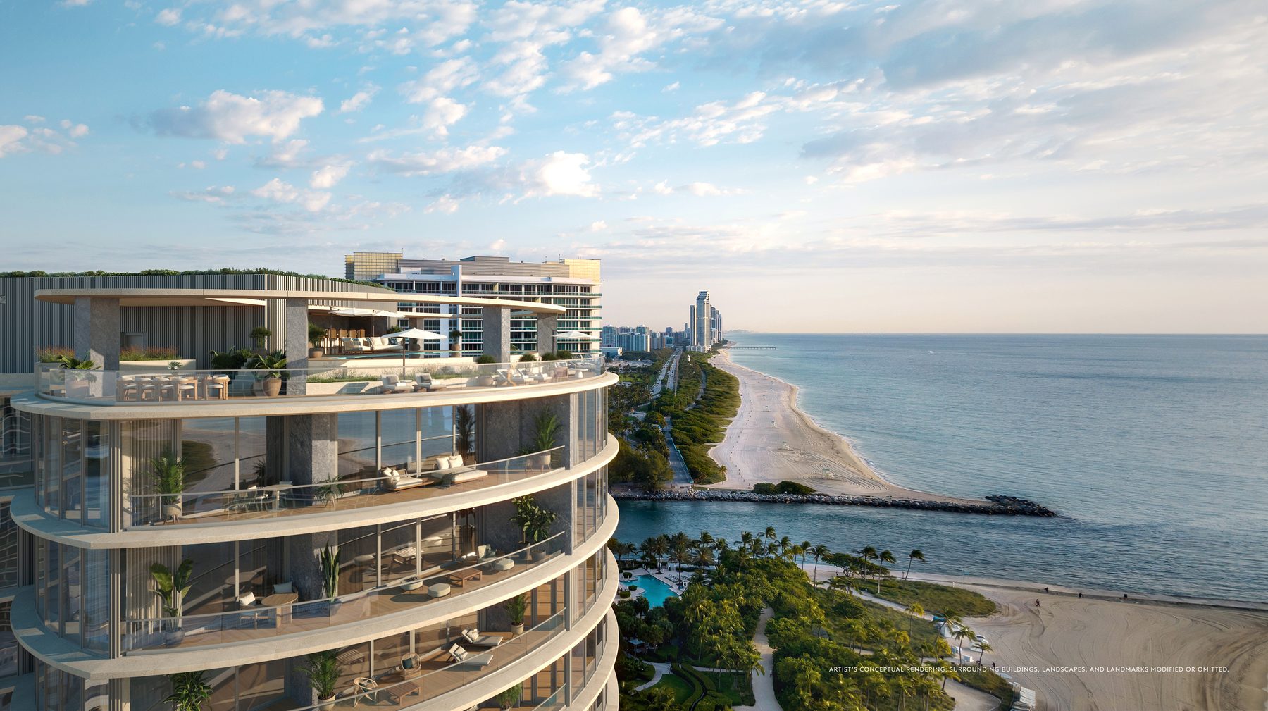 Render de las terrazas envolventes mirando al norte por la playa hacia Haulover