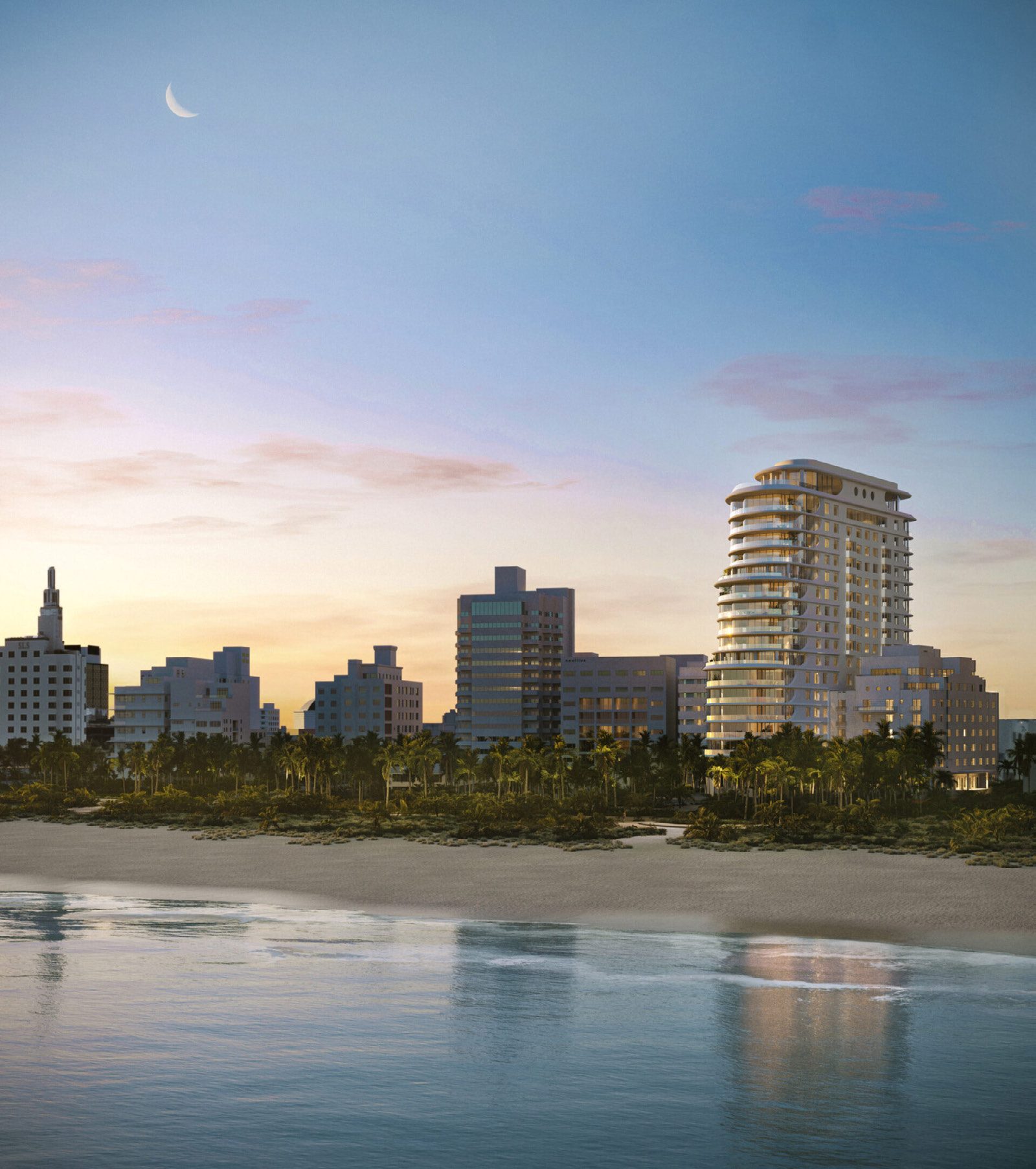 Render de The Shoreclub Private Collection al anochecer desde la playa, con las fachadas históricas al frente