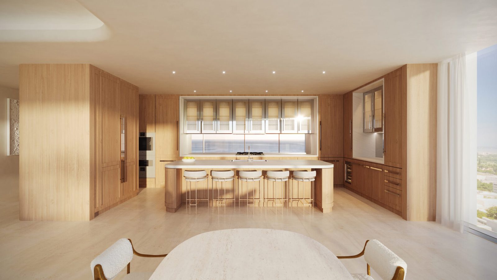 Render de una cocina diseñada por RAMSA en roble claro