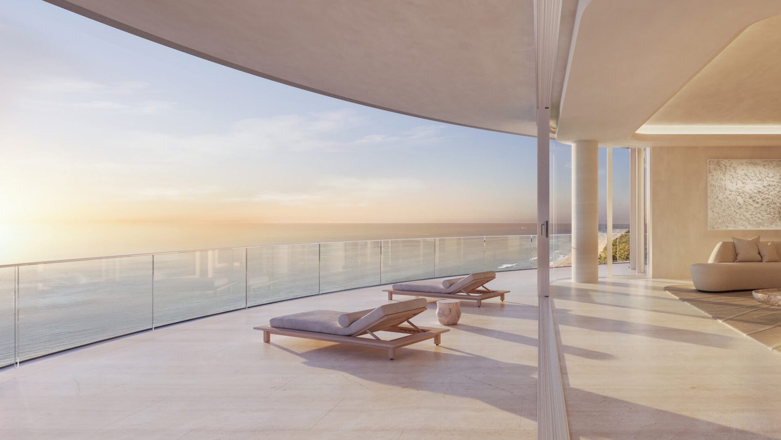 Render de la terraza de estar de una residencia con camastros
