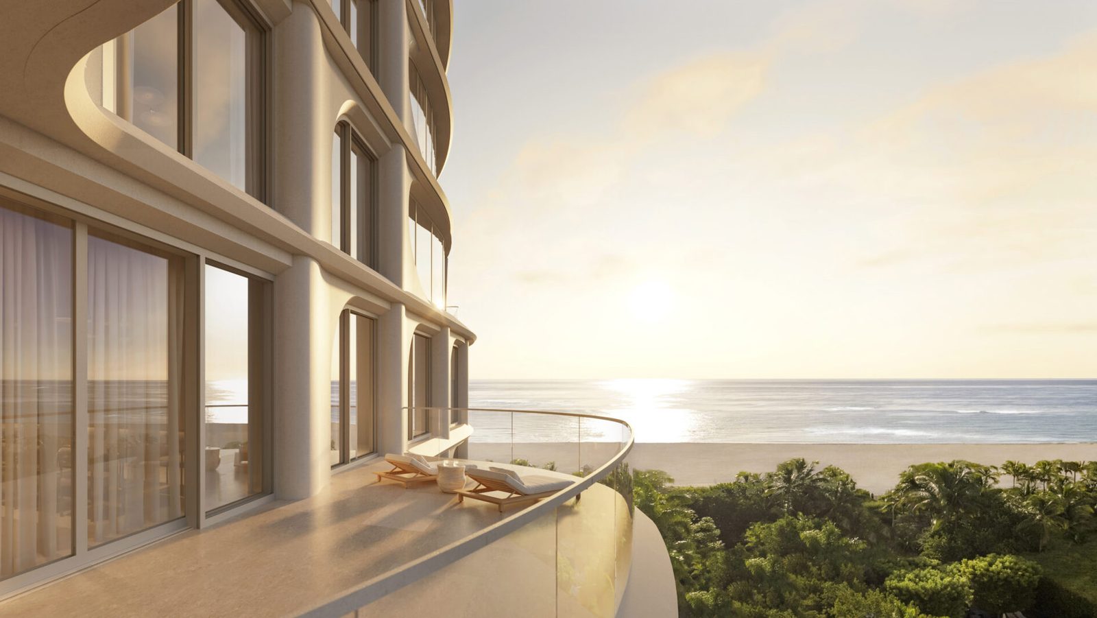Render de una terraza al amanecer mirando el mar