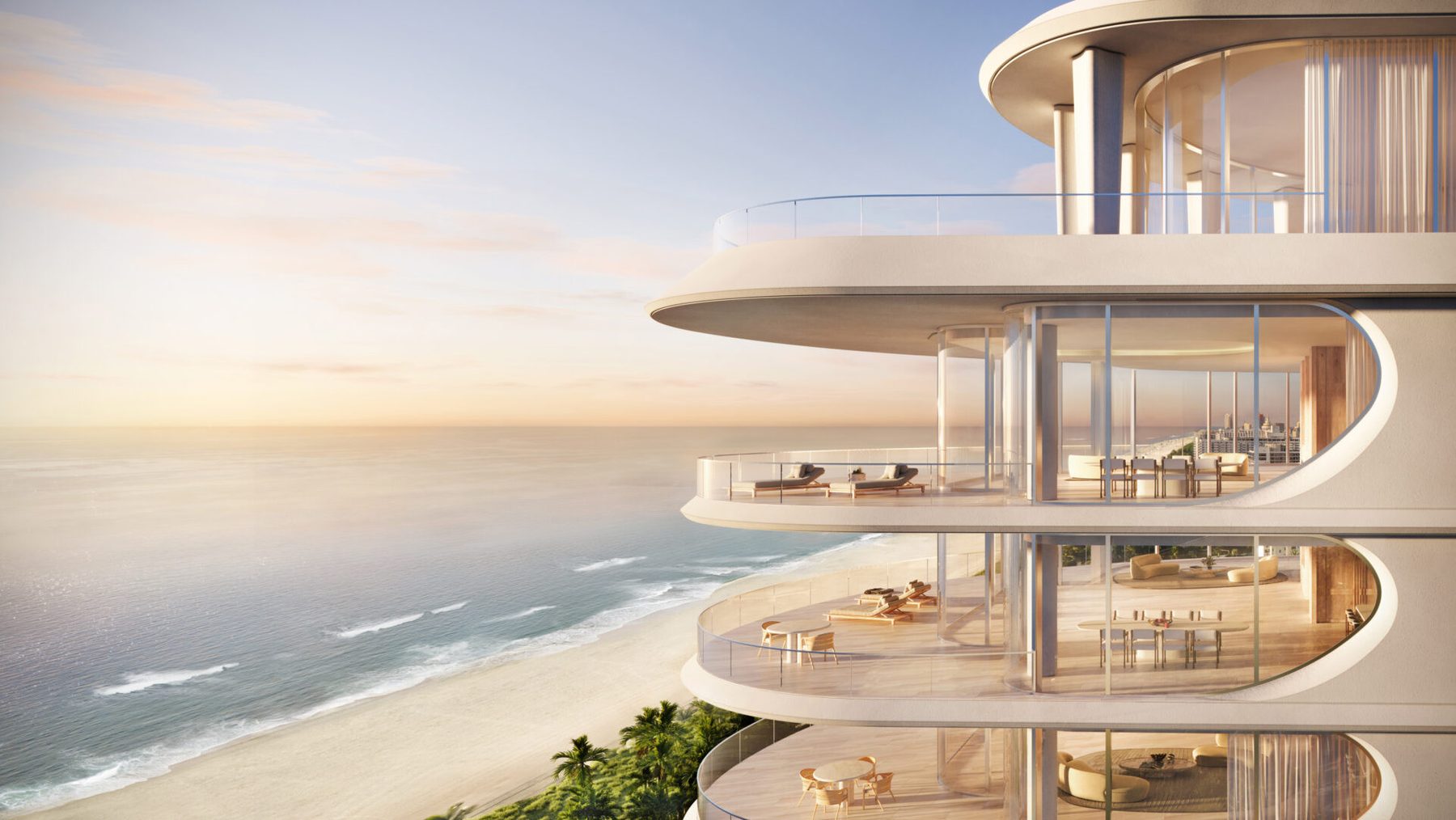 Render de las terrazas curvas de The Tower sobre la playa