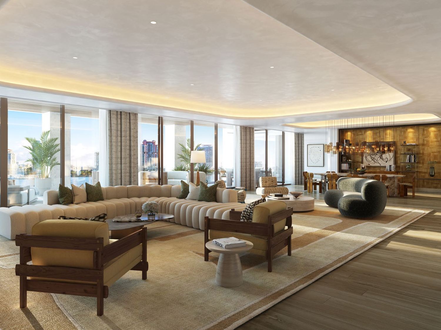 Rendering of a great room with water views on two sides