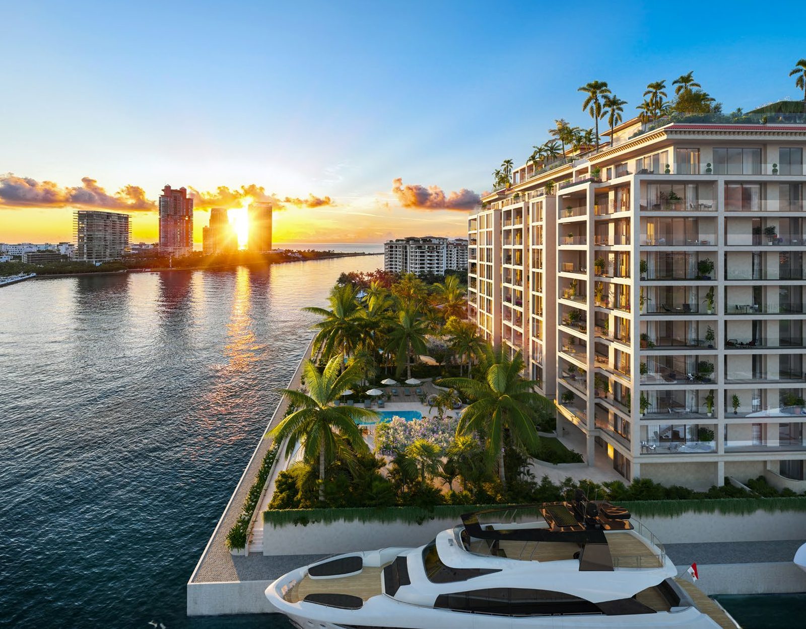 Rendering of Six Fisher Island seen from the water at sunset, a low Mediterranean building along the shoreline
