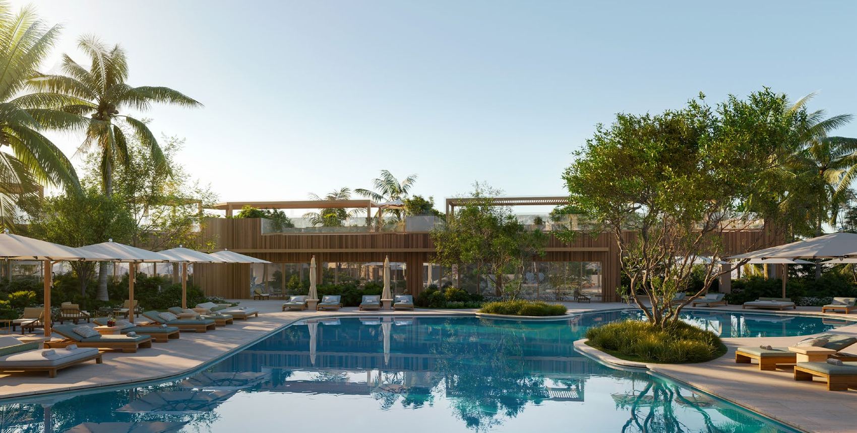 Rendering of the bayfront pool with palms and the Miami Beach skyline beyond