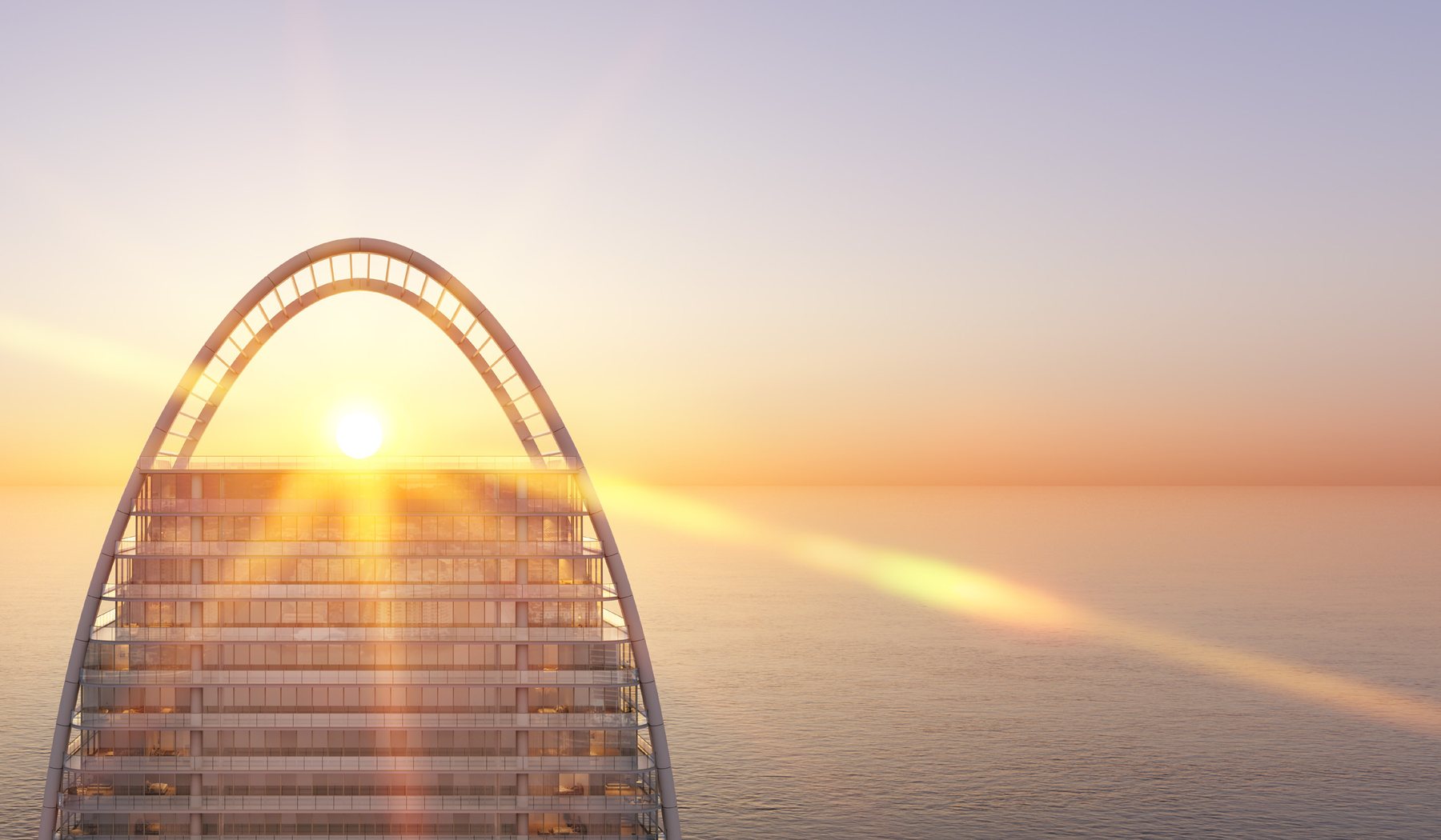 Rendering of the arched crown of the North Tower at sunrise over the Atlantic