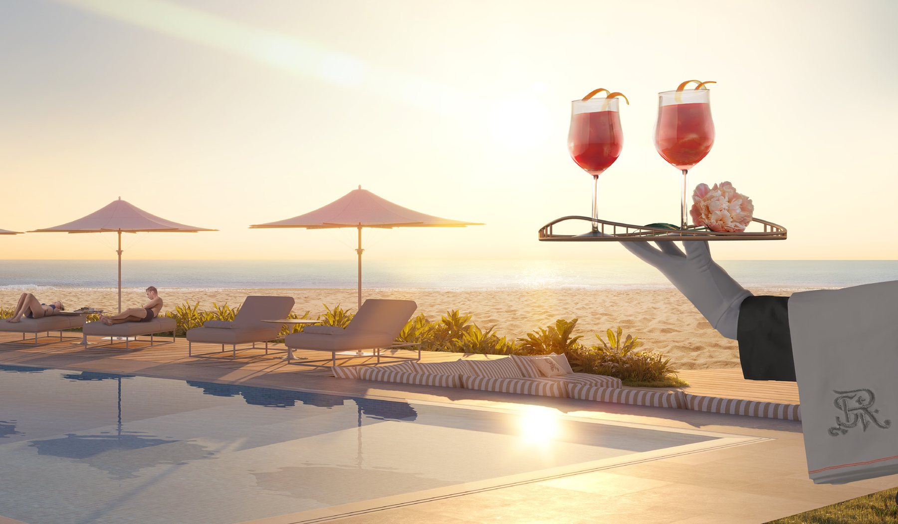 Rendering of the beach club pool deck at The St Regis Residences Sunny Isles Beach, looking east to the Atlantic