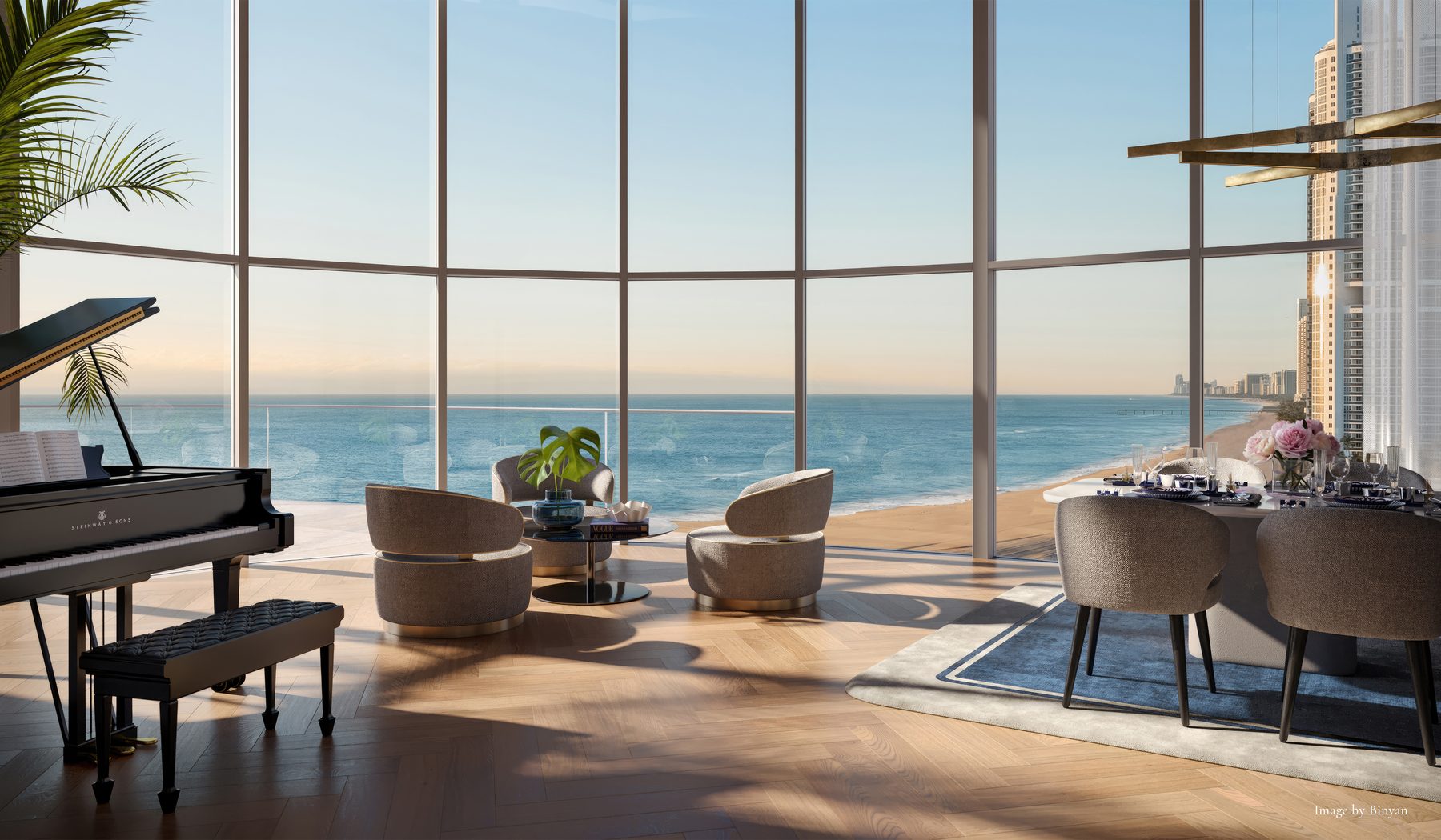 Rendering of a residence interior with floor to ceiling glass looking north along the beach