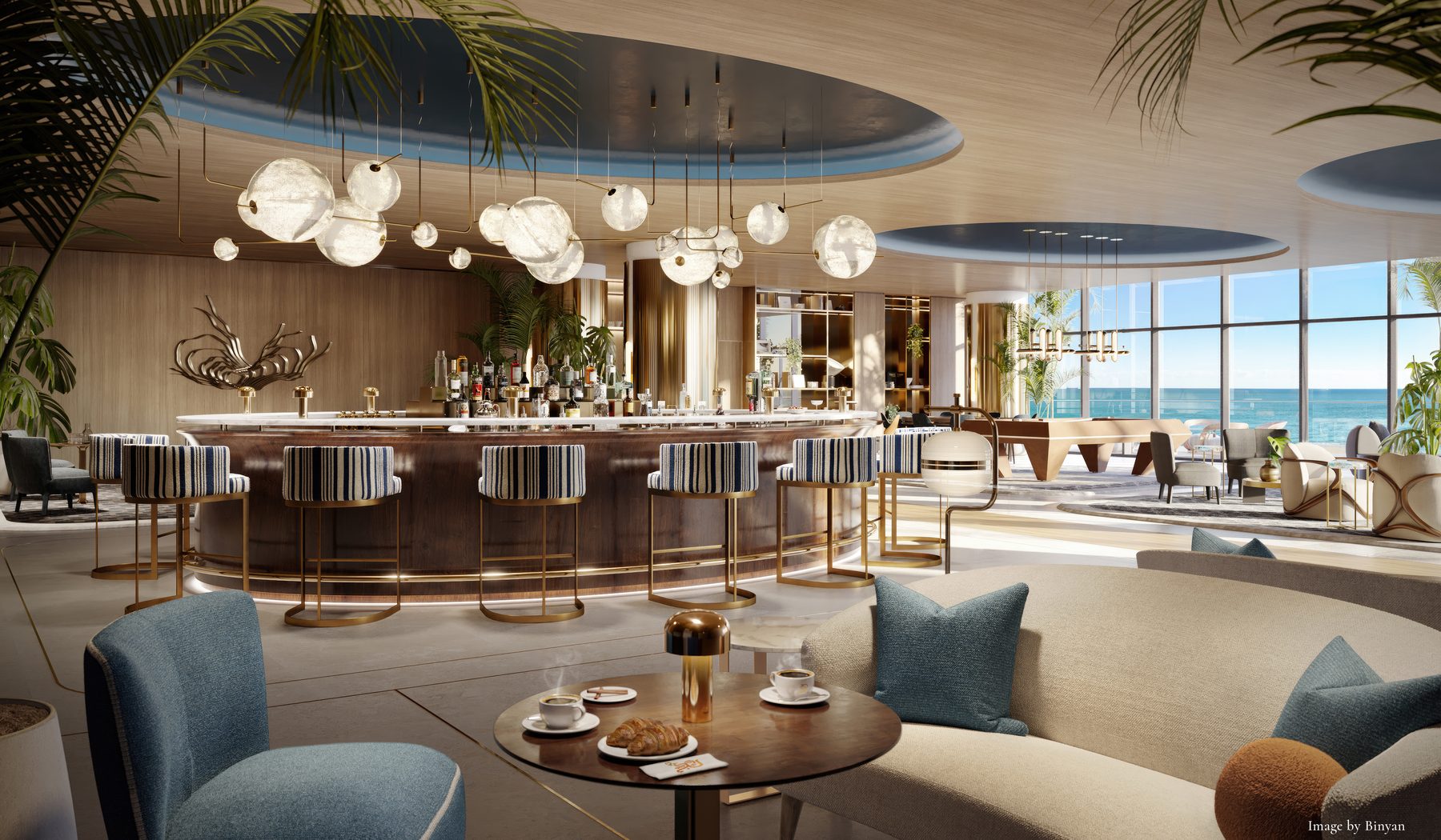 Rendering of the Ellipse Club bar with an oval ceiling detail and the ocean beyond