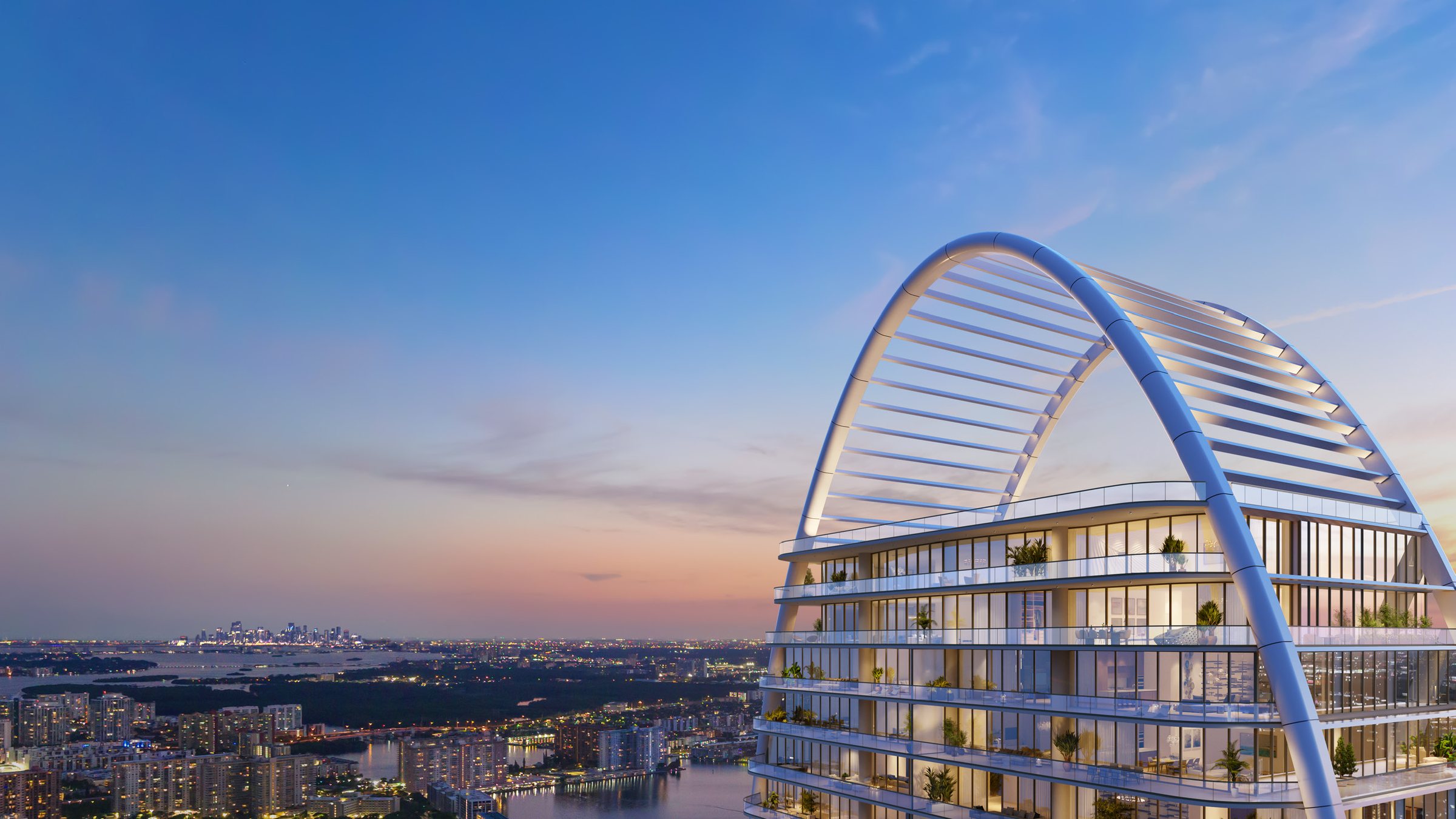 Rendering of the crown of the North Tower at The St Regis Residences Sunny Isles Beach at dusk, with the Intracoastal and the Miami skyline beyond