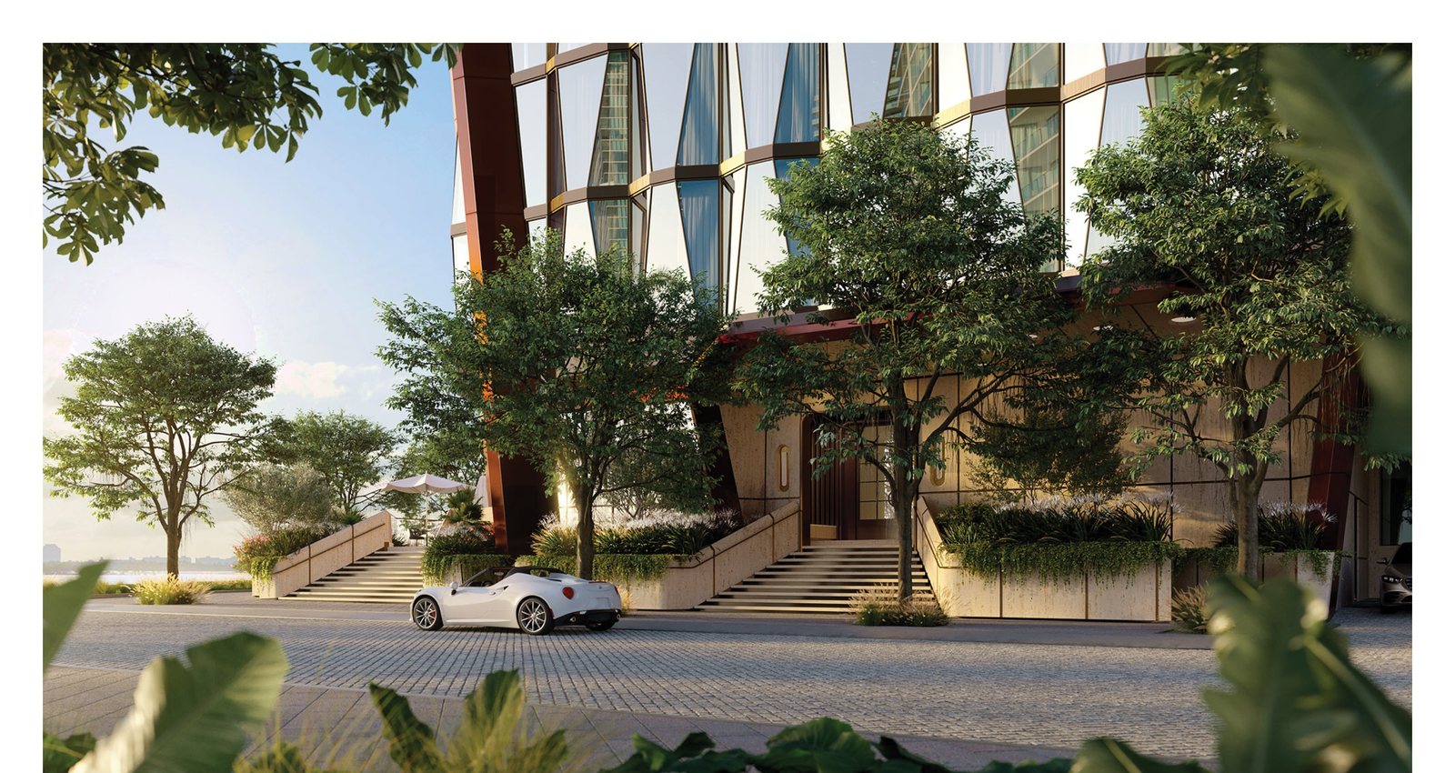 Render de la llegada norte bajo la estructura de bronce con un auto en la porte cochère