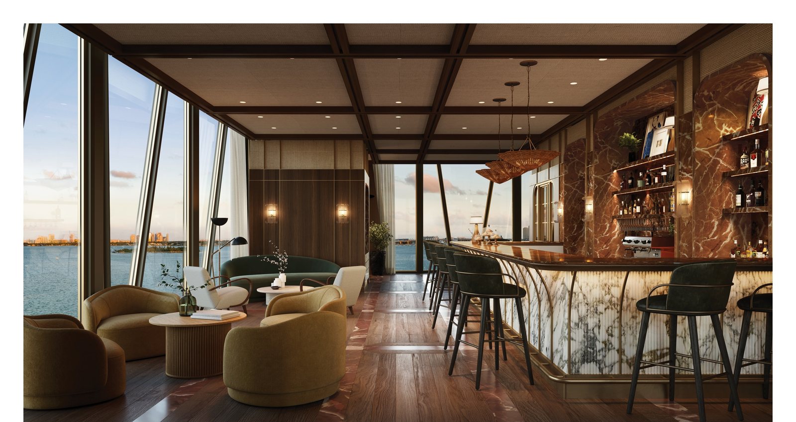 Render del salón y bar del club de Charles and Co con la bahía a través del vidrio de piso a techo