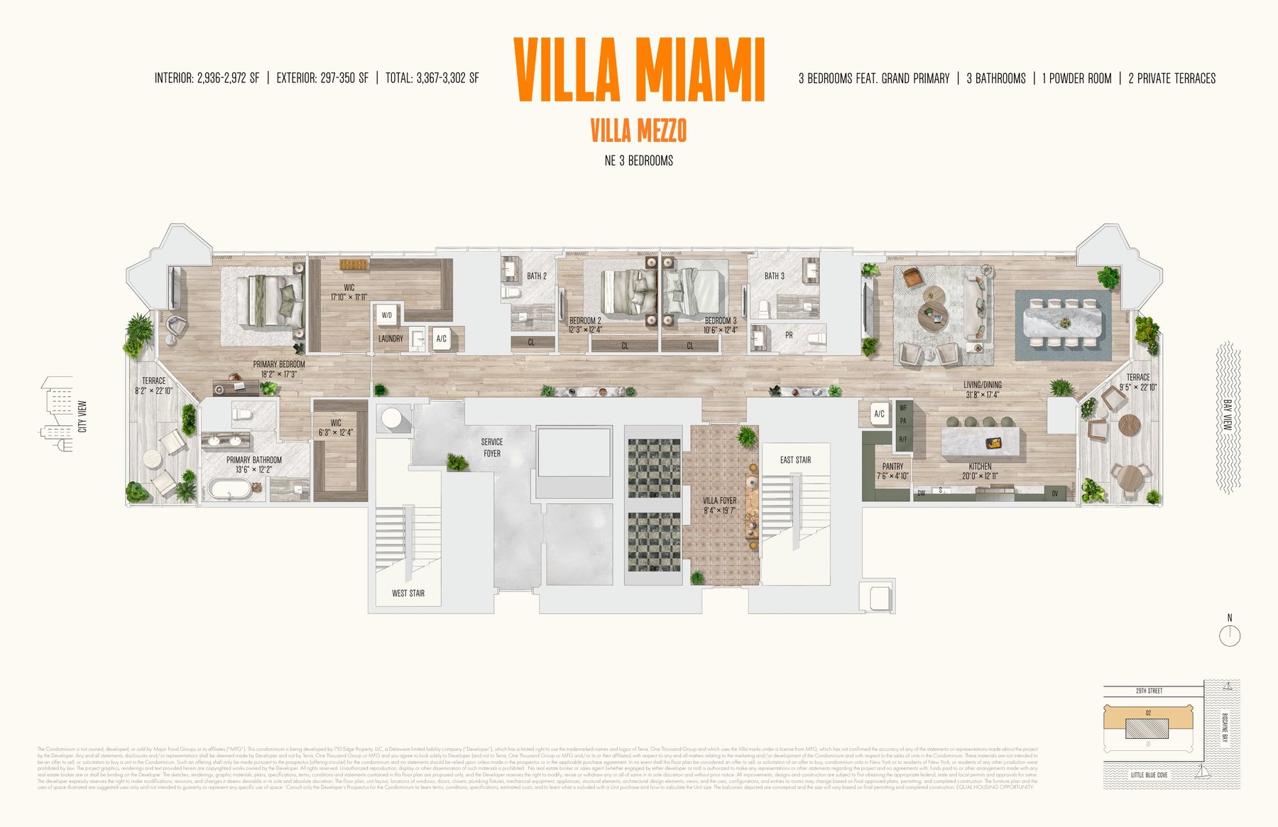Plano de la residencia Villa Mezzo de medio piso con tres recámaras en la esquina noreste