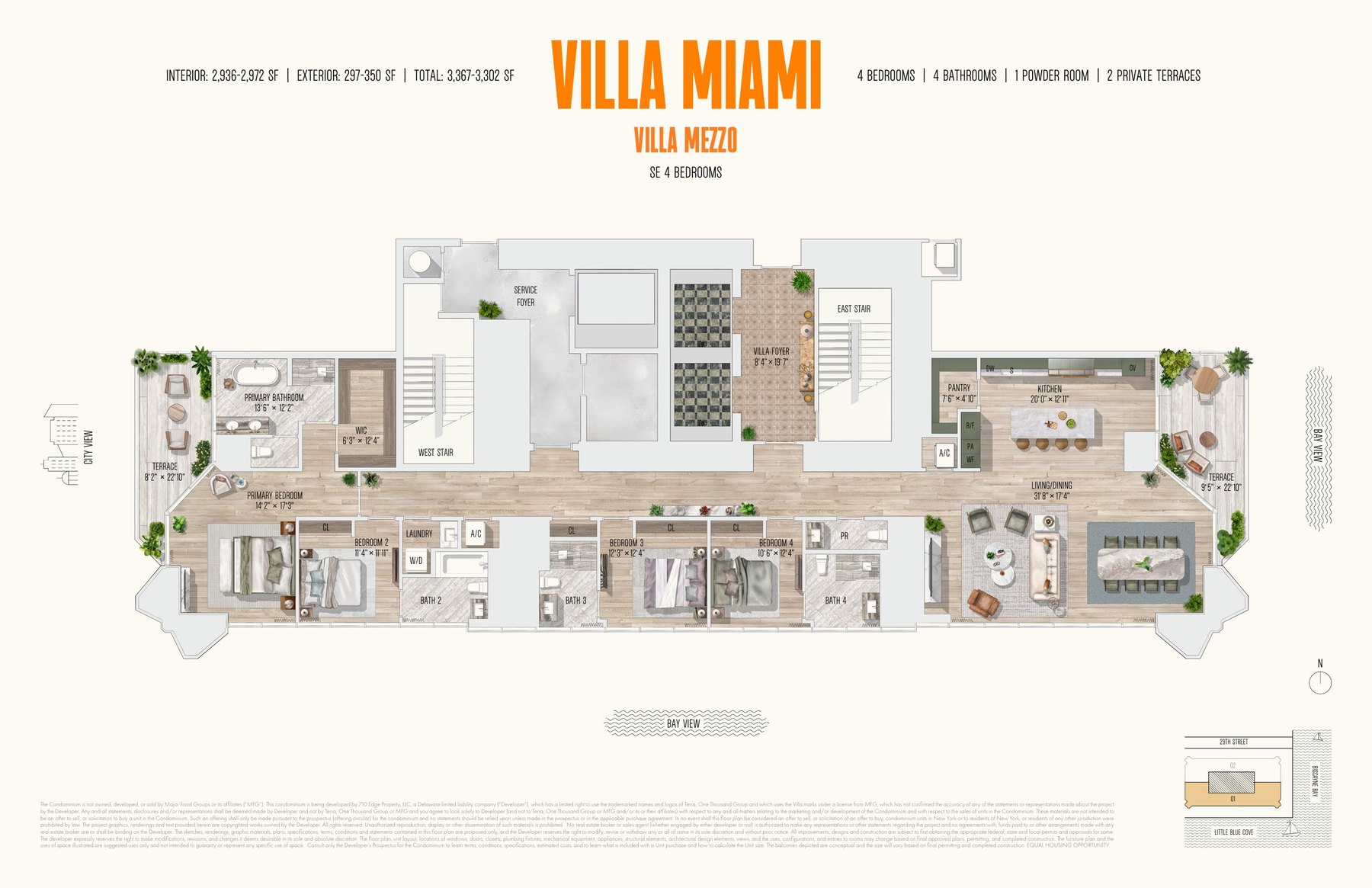 Plano de la residencia Villa Mezzo de medio piso con cuatro recámaras en la esquina sureste