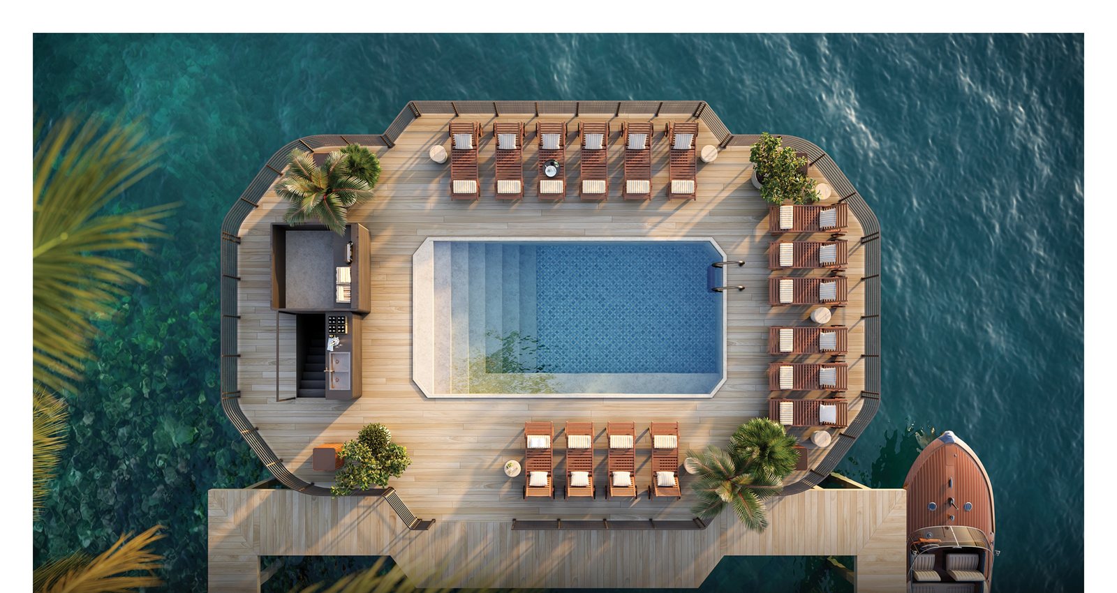 Render desde arriba de la alberca flotante amarrada en la bahía de Biscayne junto a la torre