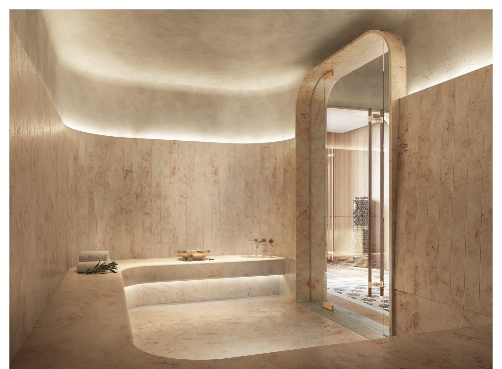 Render del baño de vapor herbal en el spa termal italiano