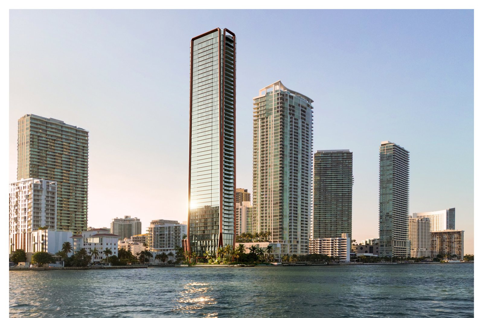 Render de la torre vista desde la bahía al atardecer con el skyline de Edgewater al lado
