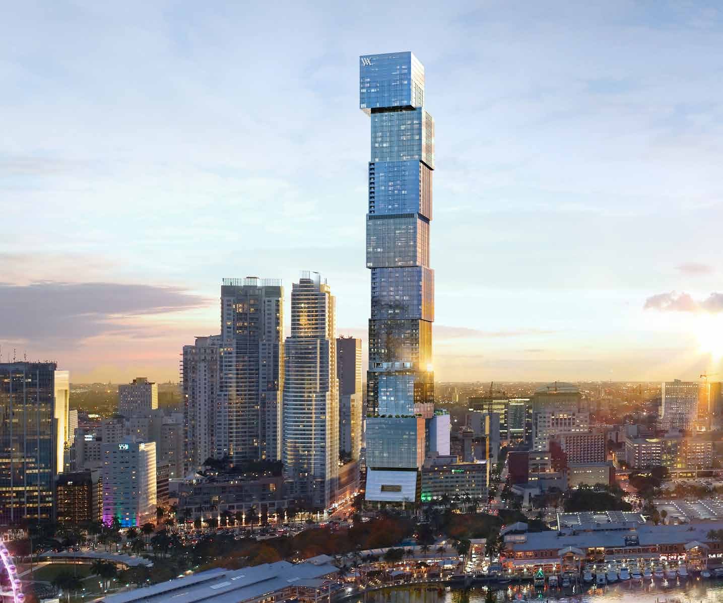 Rendering of Waldorf Astoria Residences Miami, stacked glass cubes rising over Downtown Miami at dusk