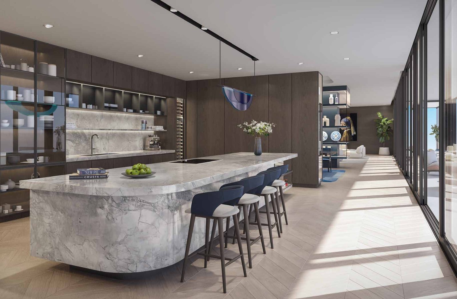 Render de la cocina de una residencia con isla de piedra