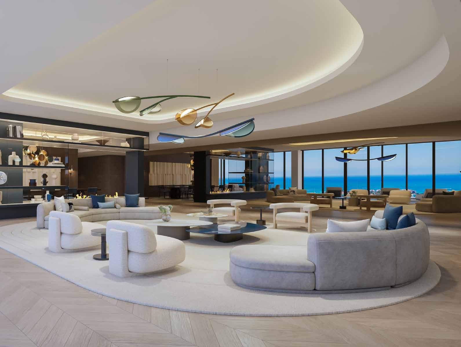 Render de la sala de una residencia con el mar al fondo