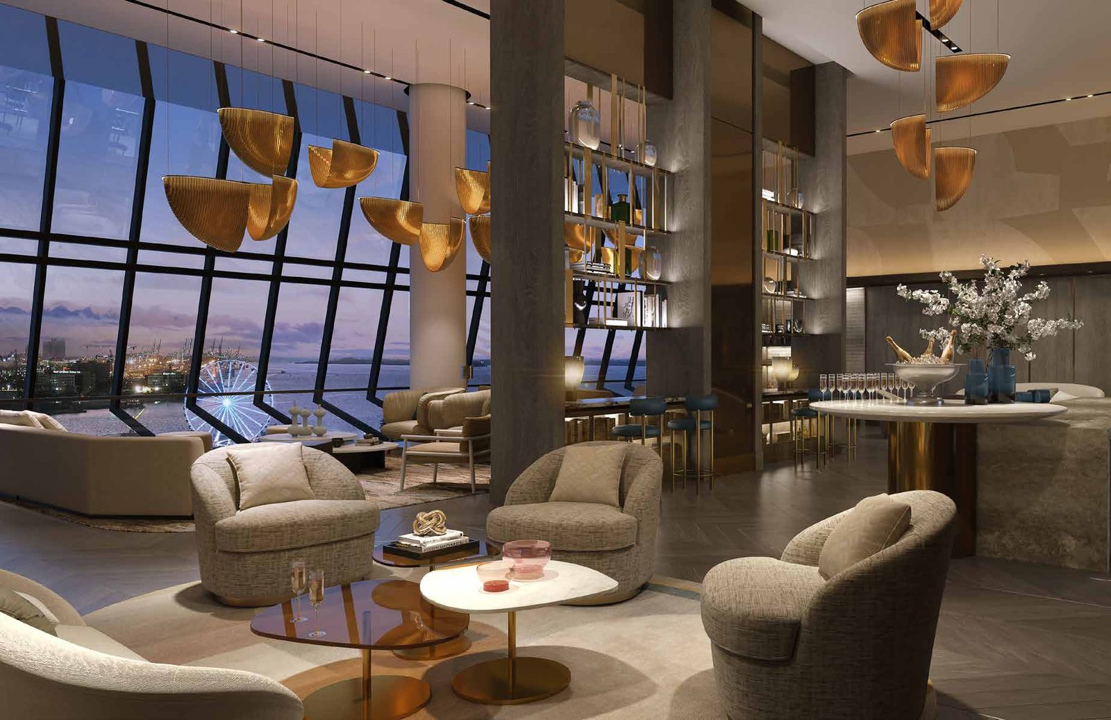 Render del salón de propietarios de doble altura
